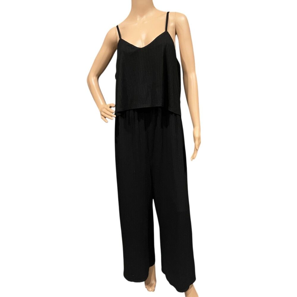 DESTINATION MATERNITY Lampshade Strappy Wide Leg Jumpsuit BLACK Sz L NWOT